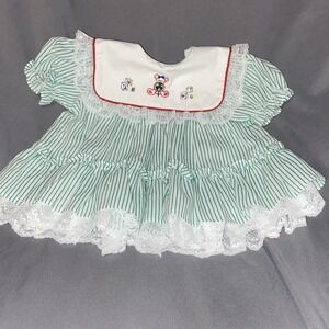 Vintage BRYAN Baby Girl Dress 12 Mth Green/White striped Ruffle Lace Dress RARE